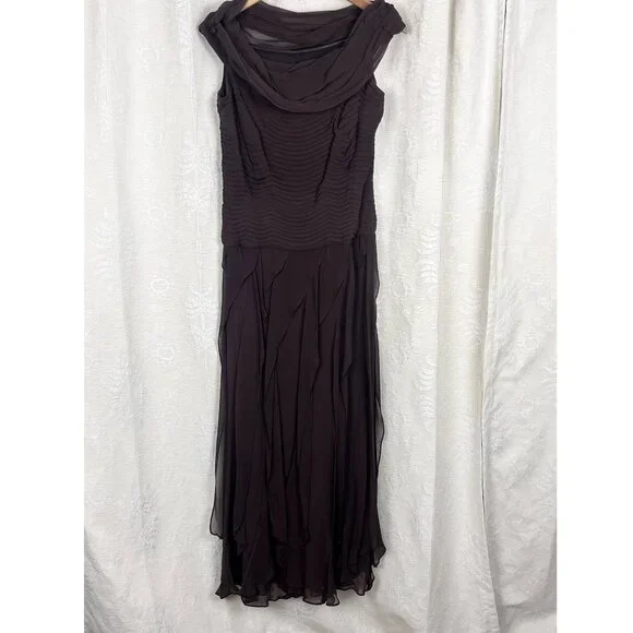 Tadashi Shoji silk chiffon flutter maxi dress evening gown off shoulder formal - Picture 2 of 8